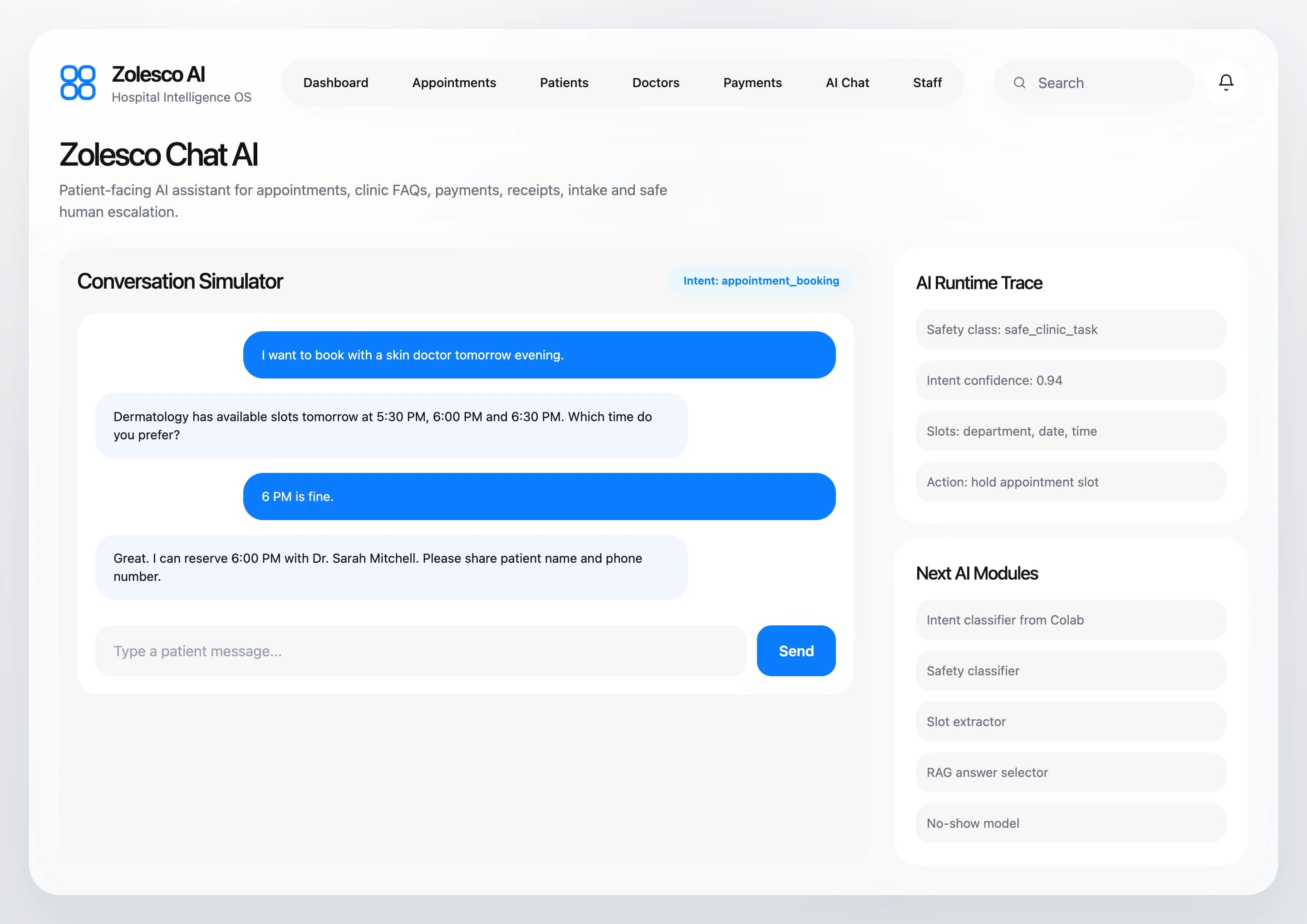 Hospital Management Platform with RAG-Style AI HealthTech AI screenshot 1 by Zolesco Solutions